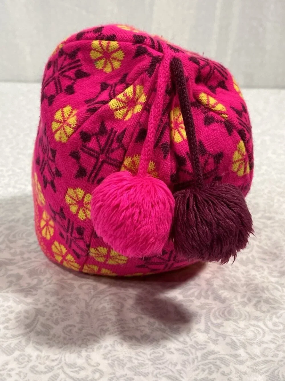 Marmot Nordic Pom Pom Beanie Pink Yellow Fleece Lined One Size